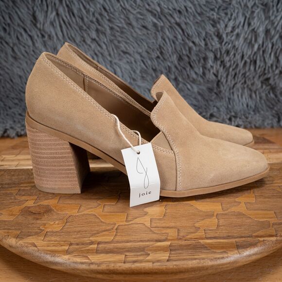 JOIE Wevenly Women’s 8.5 Suede Block Heel Closed Toe Tan Leather Slip On Shoes - Picture 1 of 6